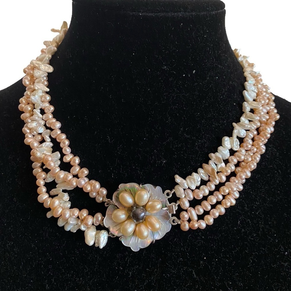 Freshwater Pearl Multistrand Necklace Abalone Shell Flower Clasp Sterling Silver